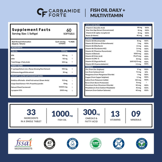 Carbamide Forte Fish Oil with Multivitamin and Omega 3 1000mg Capsules for Men & Women | Fish Oil And Multivitamin Combo with 30 Ingredients - 60 Softgel Capsules