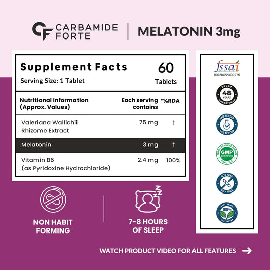 Carbamide Forte Melatonin 3mg with Tagara 75mg Sleeping Aid Pills – 90 Tablets