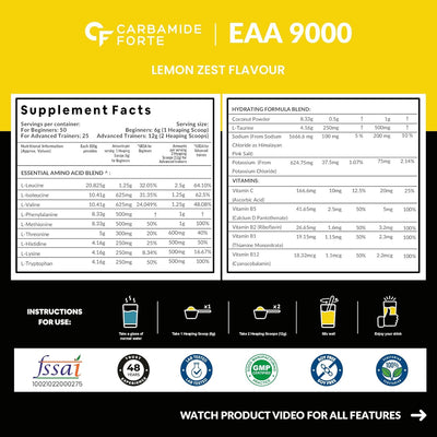 Carbamide Forte Eaa Supplement With Bcaa 5000Mg | Eaa intra workout Supplement For Men & Women With Hydration Blend & Vitamins – Lemon Zest Flavour - 50 Servings - Powder 300G