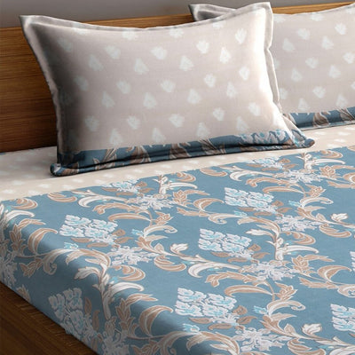 Arrabi Beige & Blue Floral 300 TC Super King Bedsheet With 2 Pillow Covers