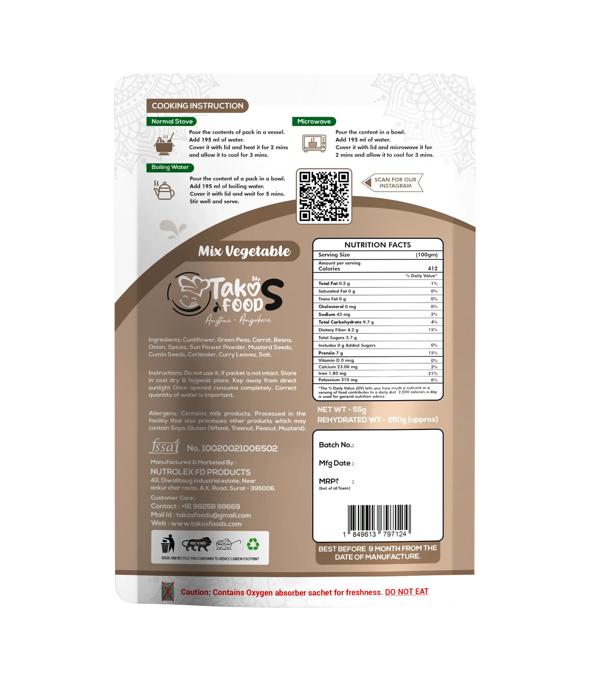 Takos Food Mix Vegetables | Ready To Eat 250 gms