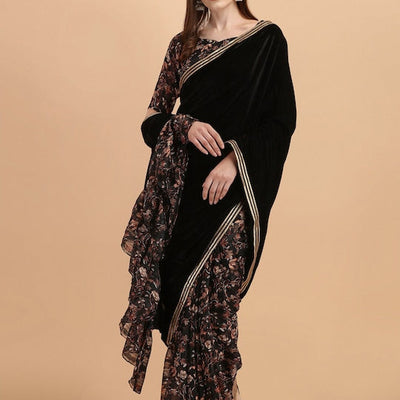 Black Floral Gotta Patti Velvet Saree
