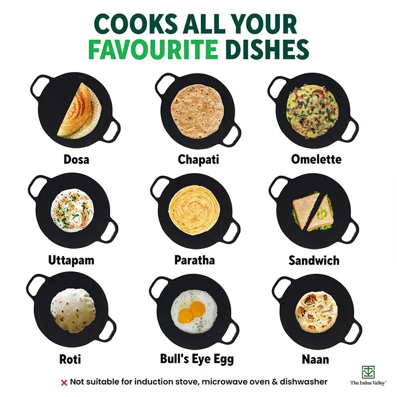 CASTrong Cast Iron Double Handle Concave Tawa, Pre-seasoned, Naturally Nonstick, 100% Pure, Toxin-free, Roti/Dosa Tawa for Kitchen Use, 11 In/27.9cm/2kg