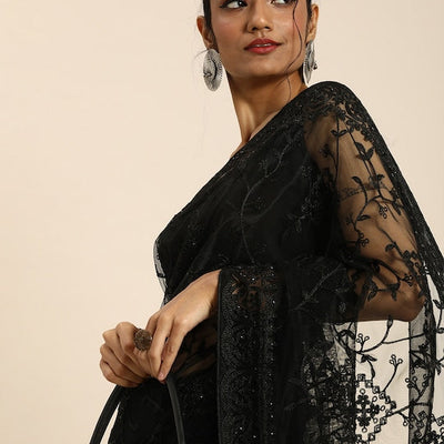 Black Floral Embroidered Net Saree