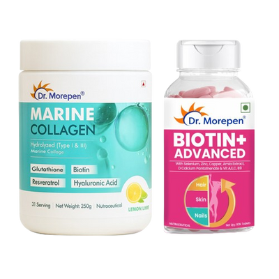 Dr. Morepen Biotin+ Advanced Tablets & DR. Morepen Marine Collagen Powder with Glutathione, Hyaluronic Acid, Resveratrol & Biotin Lemon Lime Flavour - Combo
