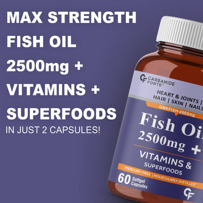 Carbamide Forte Fish Oil 2500mg- 60 Capsules| (Omega 3 1500mg; 900 mg EPA and 600mg DHA Per Serving) Capsule For Men & Women with Biotin, Vitamin D, Vitamin K2-MK7