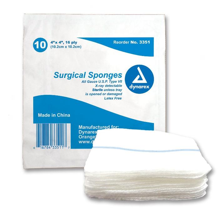 X-Ray Detectable Surgical Gauze Sponges Sterile 4 x 4, 16 ply USP Type VII