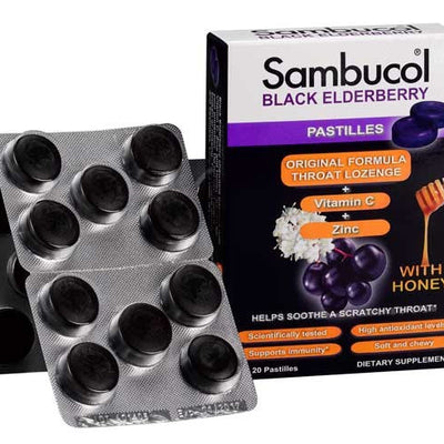 Sambucol Black Elderberry Throat Lozenges Pastilles with Vitamin C & Zinc, 20 Count