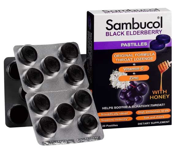 Sambucol Black Elderberry Throat Lozenges Pastilles with Vitamin C & Zinc, 20 Count