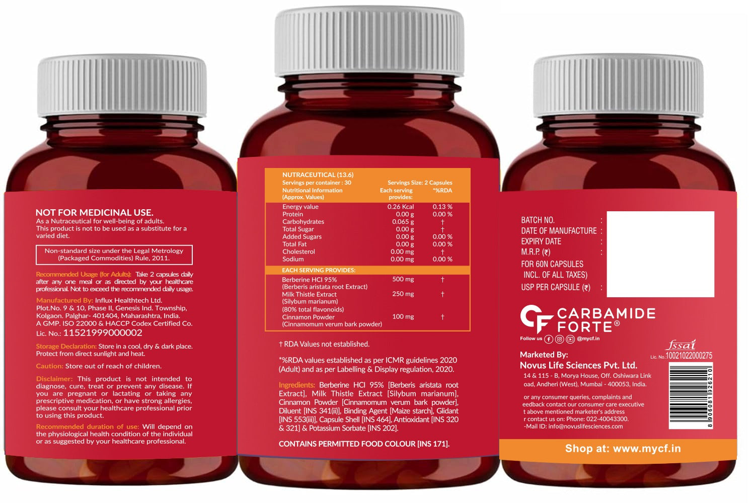 Carbamide Forte Berberis Berberine 95% with Milk Thistle & Cinnamon | Berberine Capsules 500mg | Berberine HCL Supplements | Boost Metabolism & Supports Immune Function | 60 Veg Capsule