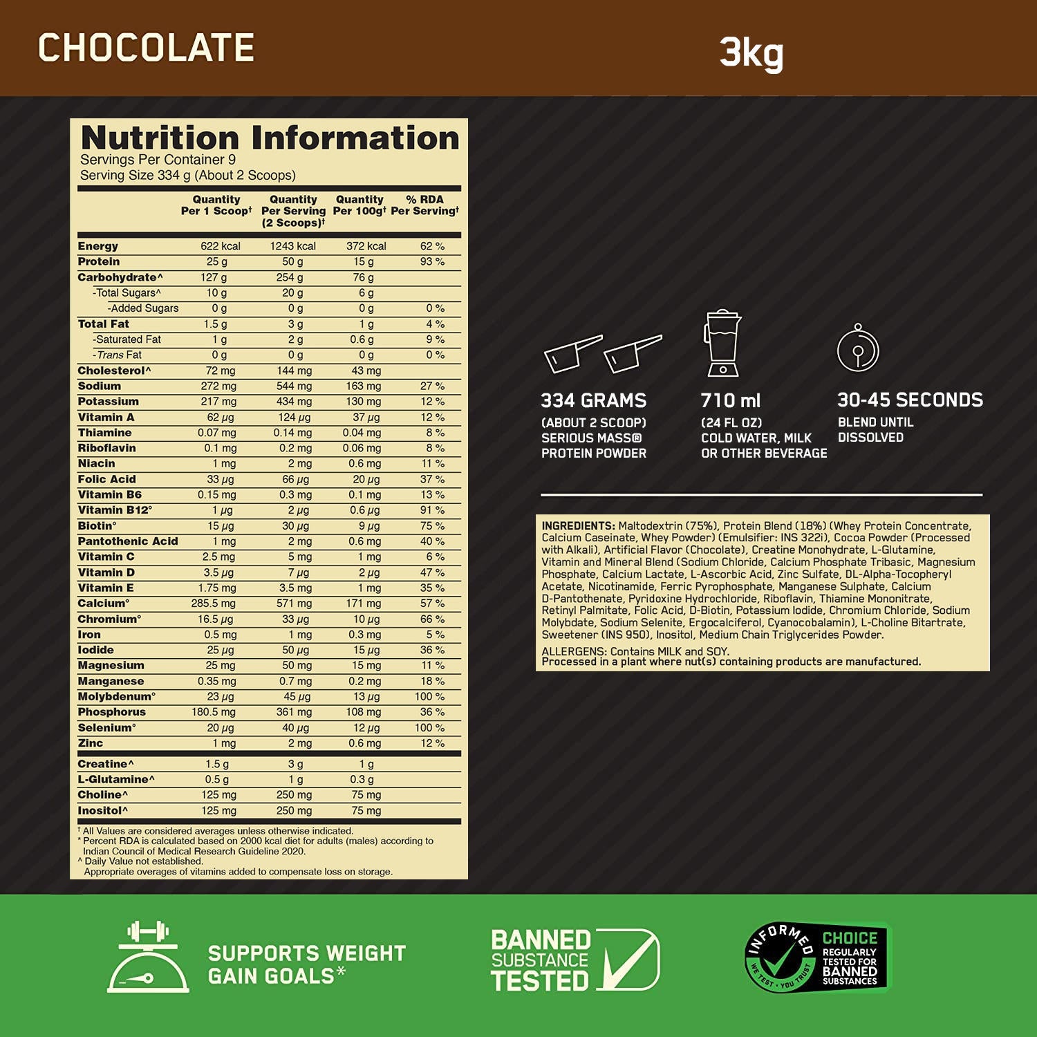 Serious Mass - Chocolate - 3 Kg + Creatine 100 g