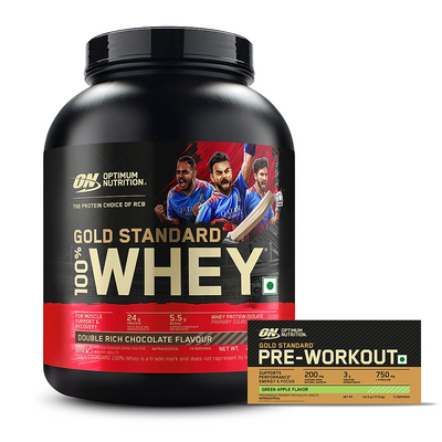 Gold Standard 100% Whey Protein Powder | Double Rich Chocolate | 5 lbs and Optimum Nutrition (ON) Gold Standard Pre-Workout- 142.5g/15 single serve packs (Green Apple Flavor), For Energy, Focus, Power, Endurance & Performance