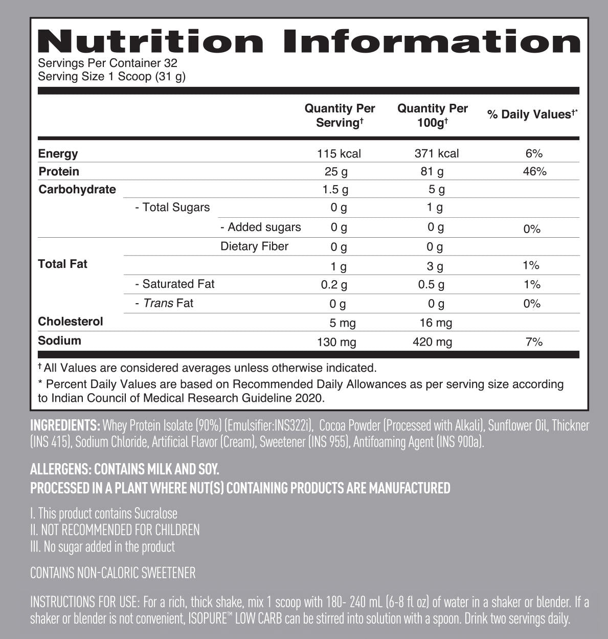 Isopure Low Carb Whey Protein Isolate Powder | Dutch Chocolate | 1 Kg