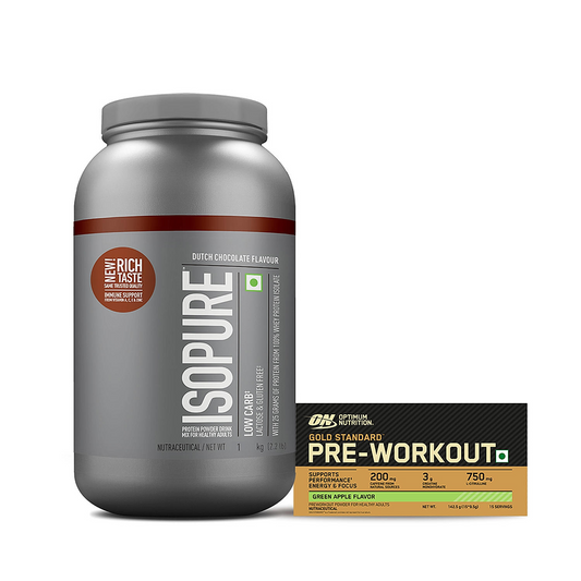 Isopure Low Carb Whey Protein Isolate Powder | Dutch Chocolate | 1 Kg + Optimum Nutrition (ON) Gold Standard Pre-Workout- 142.5g/15 single serve packs