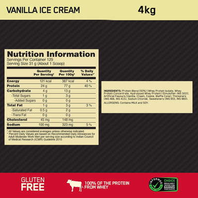 Gold Standard 100% Whey Protein Powder | Vanilla Ice Cream | 4 kg and Micronised Creatine Powder | Unflavoured | 250 g