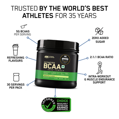 Micronised Creatine Powder | Unflavoured | 250 g and BCAA 5000 Powder | Green Apple | 250 g and Optimum Nutrition (ON) Gold Standard Pre-Workout- 142.5g/15 single serve packs (Green Apple Flavor), For Energy, Focus, Power, Endurance & Performance