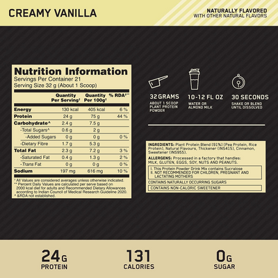 Optimum Nutrition (ON) Gold Standard 100% Plant Protein - 21 Serve, 684 g (French Vanilla Creme), Vegan, Complete Amino Acid Profile,  Zero Added Sugars, Gluten-Free. 