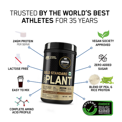 Optimum Nutrition (ON) Gold Standard 100% Plant Protein - 20 Serve, 684 g (Double Rich Chocolate), Vegan, Complete Amino Acid Profile,  Zero Added Sugars, Gluten-Free.
