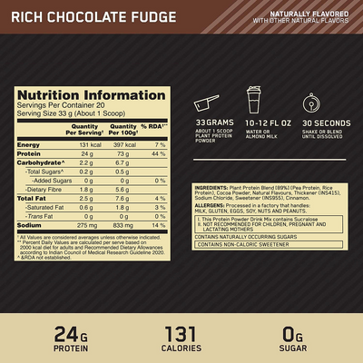 Optimum Nutrition (ON) Gold Standard 100% Plant Protein - 20 Serve, 684 g (Double Rich Chocolate), Vegan, Complete Amino Acid Profile,  Zero Added Sugars, Gluten-Free.