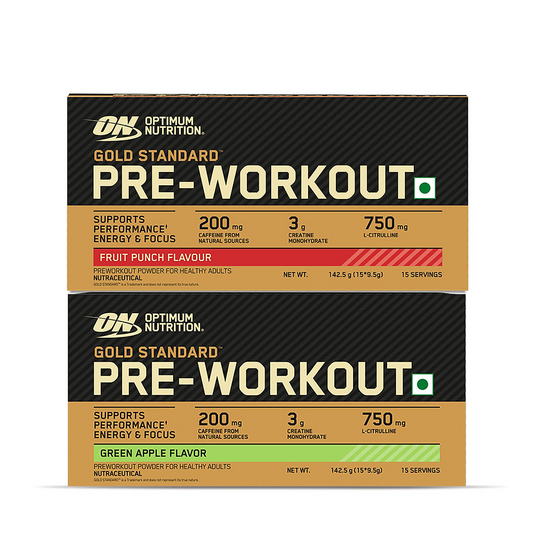 Optimum Nutrition (ON) Gold Standard Pre-Workout- 142.5g/15 single serve packs (Fruit Punch Flavor), For Energy, Focus, Power, Endurance & Performance and Optimum Nutrition Gold Standard Pre-Workout- 142.5g/15 single serve packs (Green Apple Flavor)
