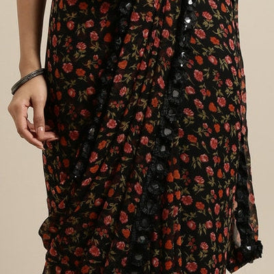 Black & Red Poly Georgette Printed Saree