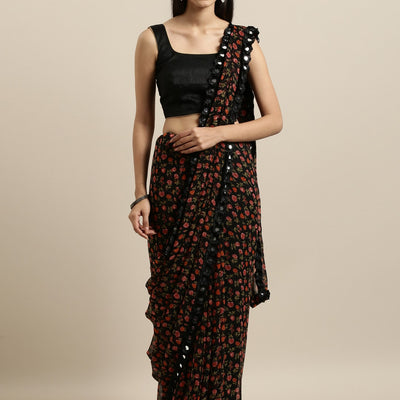 Black & Red Poly Georgette Printed Saree
