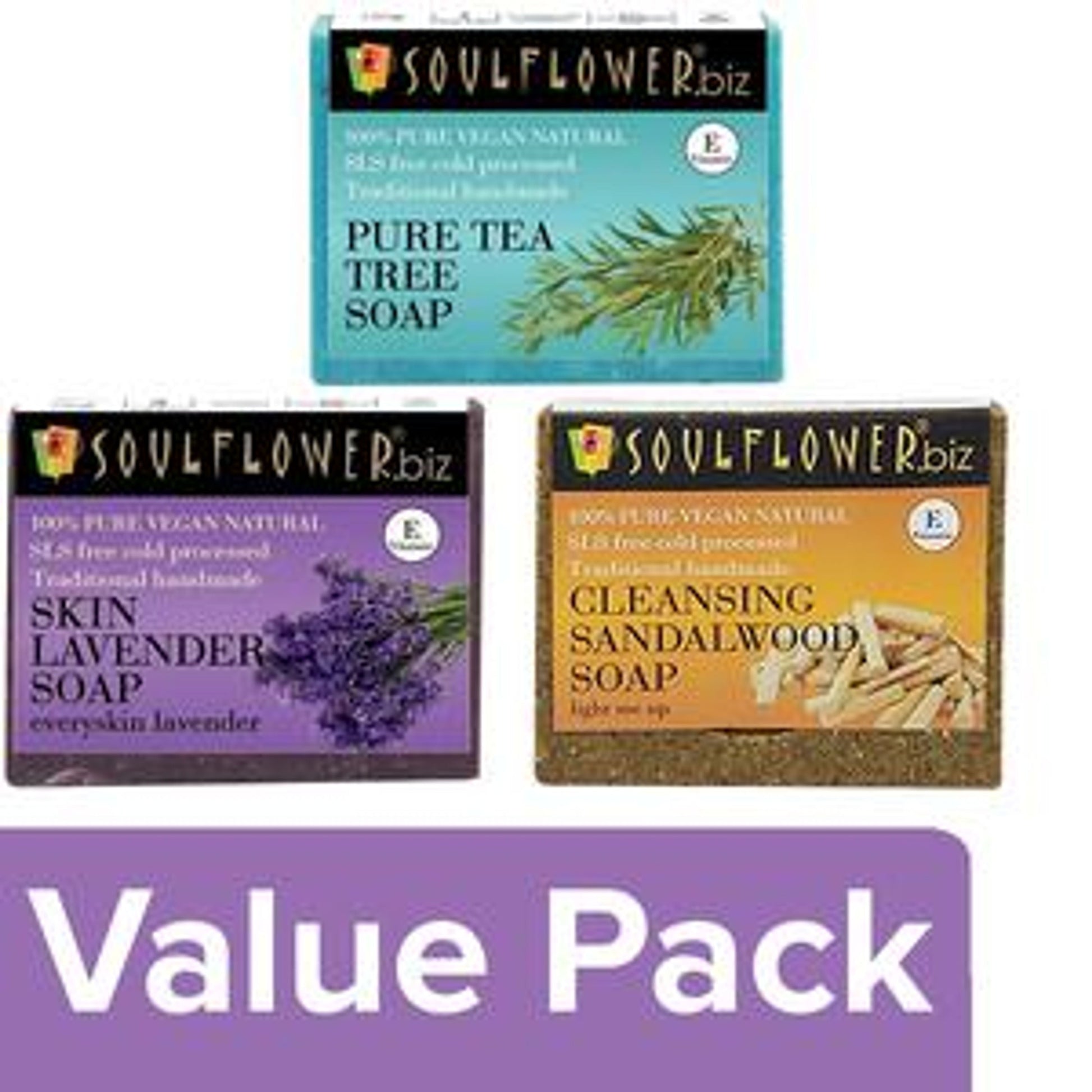 Soulflower Lavender Soap + Cleansing Sandalwood Soap + Pure Tea Tree Soap (150 g each)
