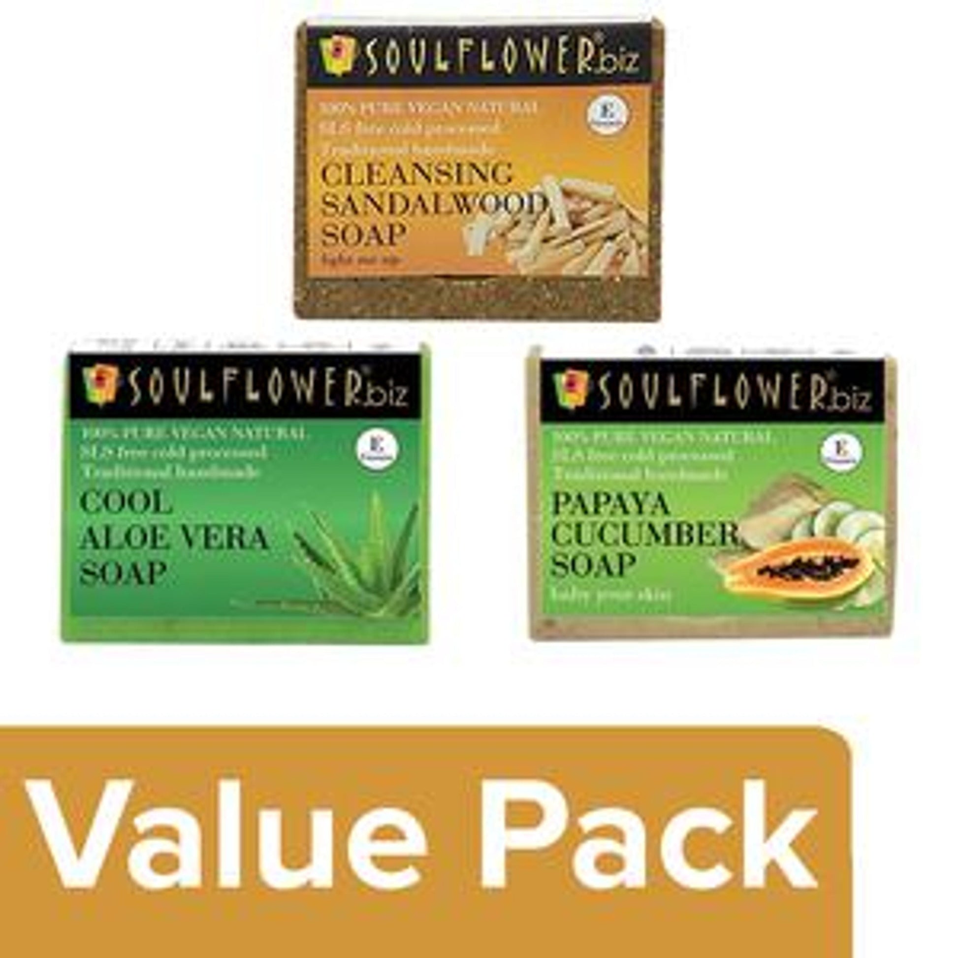 Soulflower Cleansing Sandalwood + Cool Aloe Vera + Papaya Cucumber Soap (150 g each)