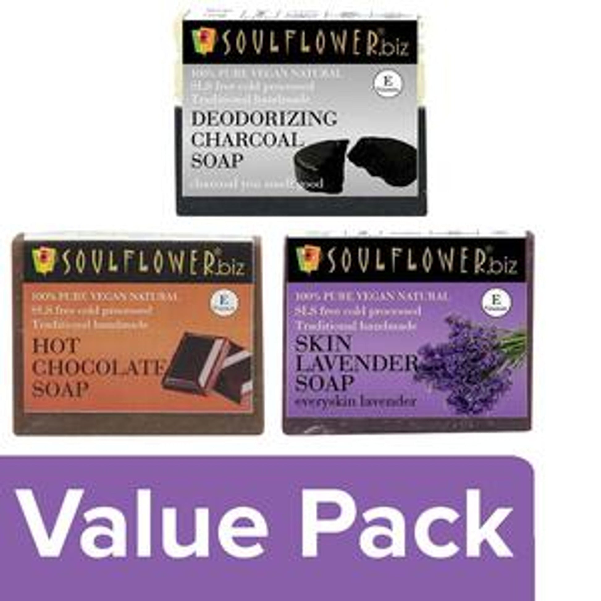 Soulflower Deodorizing Charcoal + Hot Chocolate Handmade + Lavender Soap (150 g each)