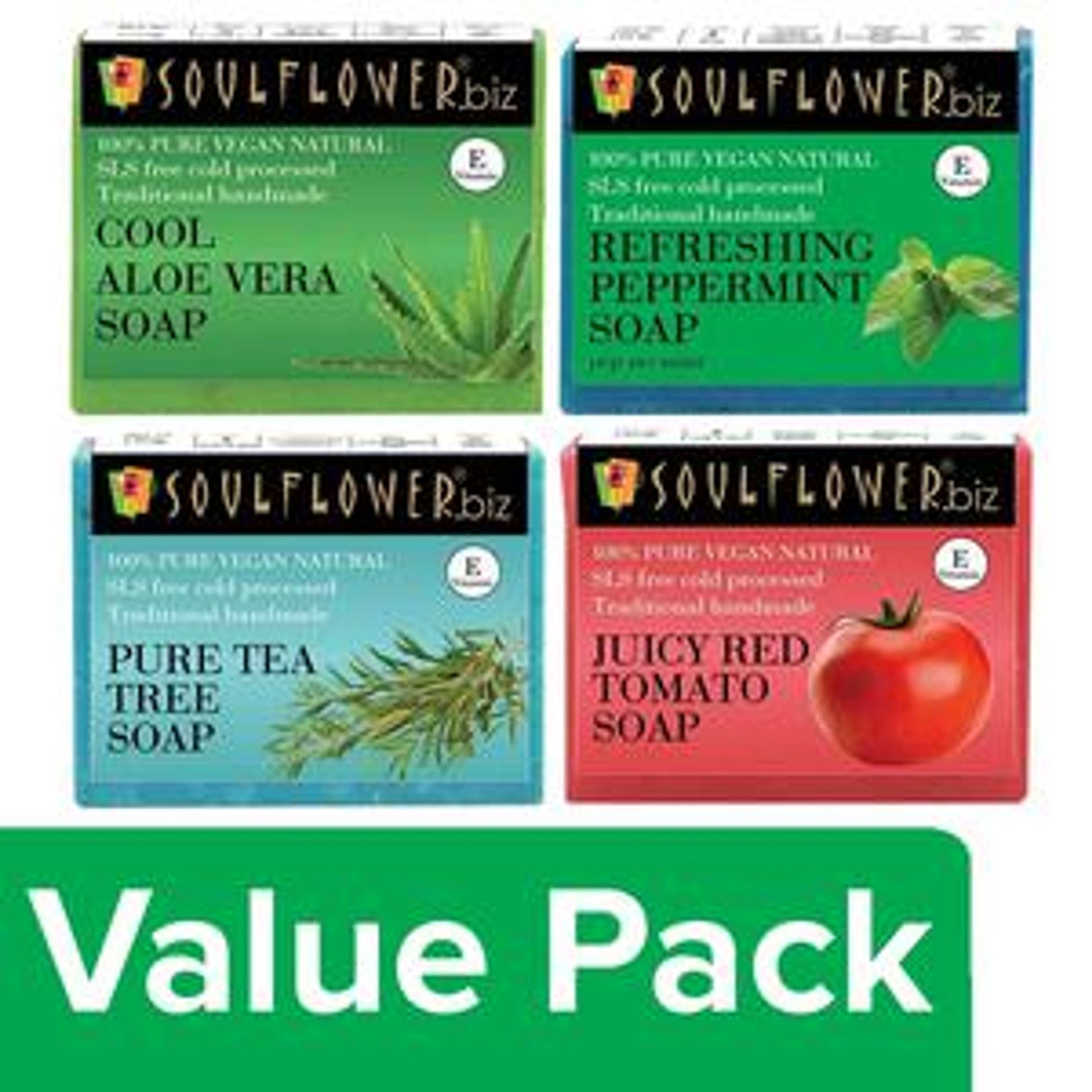 Soulflower Cool Aloe Vera + Peppermint + Pure Tea Tree + Juicy Red Tomato Soap (150 g each)