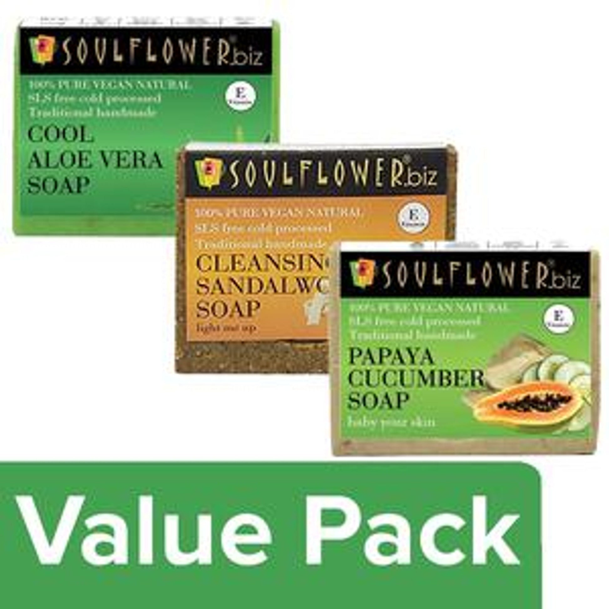 Soulflower Cleansing Sandalwood Soap + Cool Aloe Vera Soap + Papaya Cucumber Soap each 150g