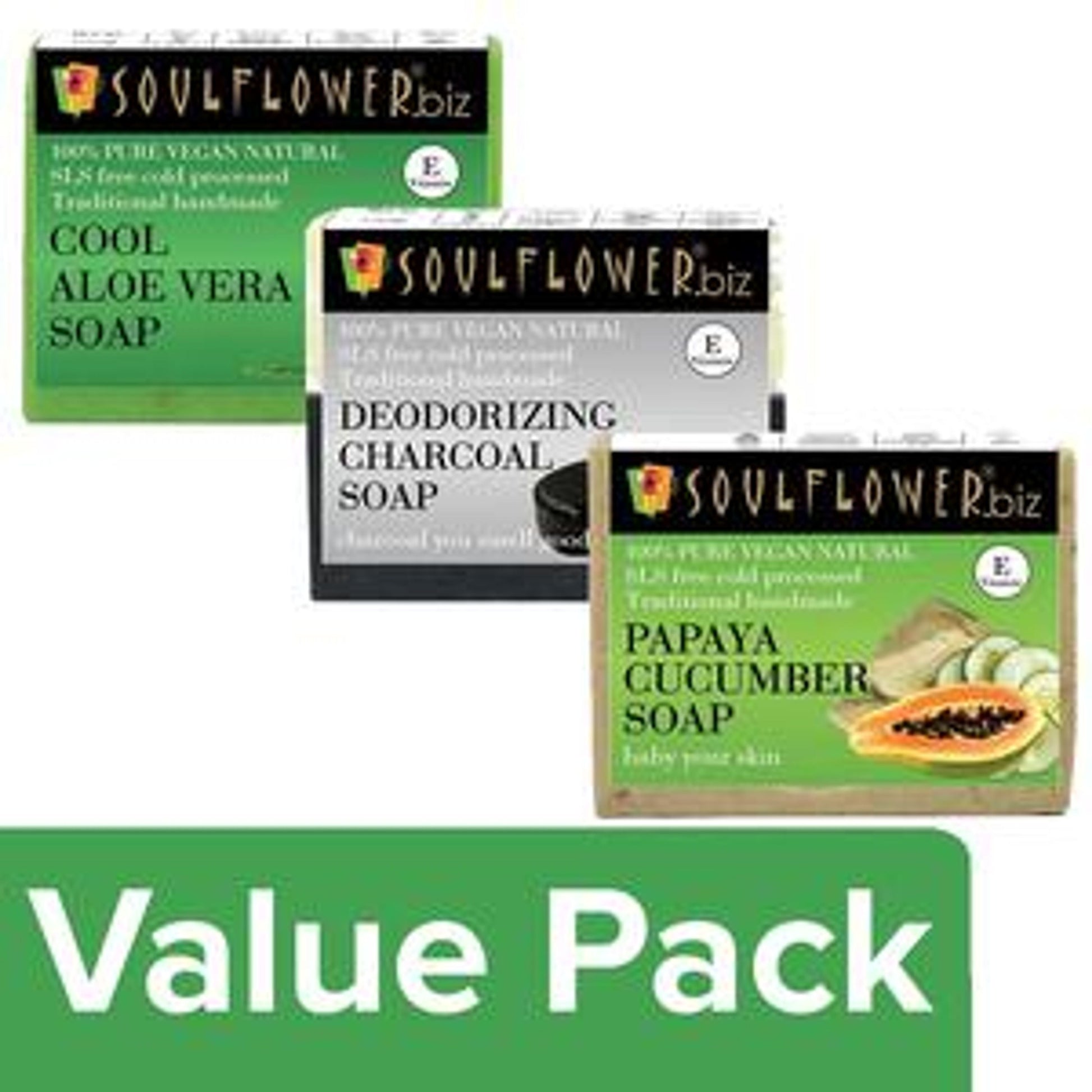 Soulflower Cool Aloe Vera Soap + Deodorizing Charcoal Soap + Papaya Cucumber Soap each 150g