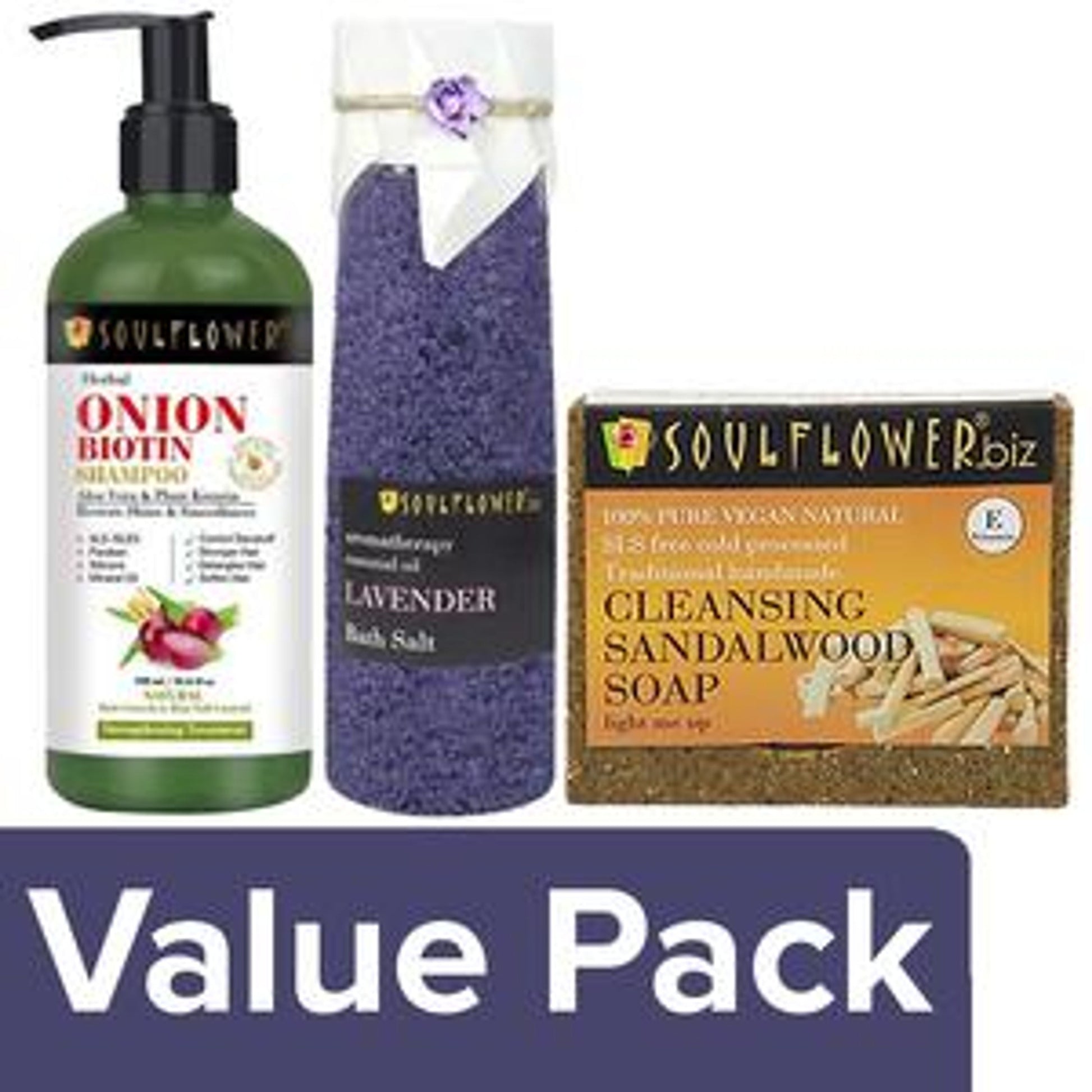Soulflower Cleansing Sandalwood,150g + Lavender Bath Salt,500g + Onion Biotin Shampoo,300ml