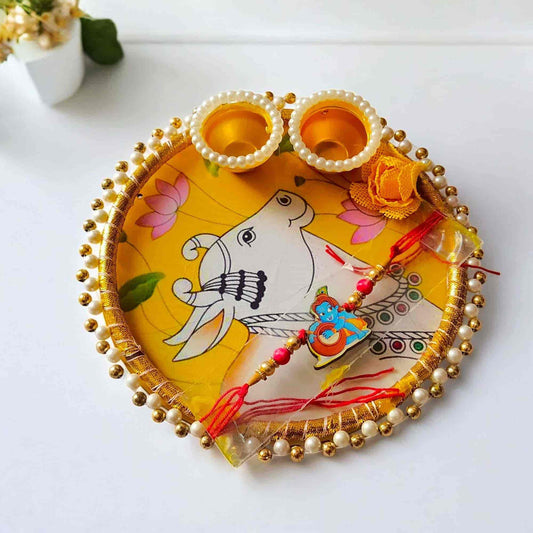 Handmade Premium Roli Chawal Tilak & Pichwai Design of Cow Thali