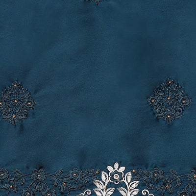 Blue Floral Embroidered Satin Saree