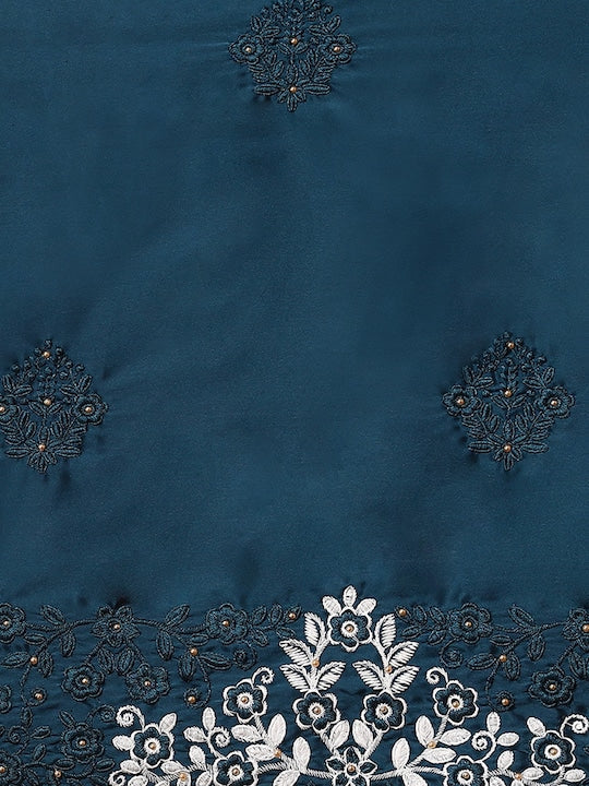Blue Floral Embroidered Satin Saree