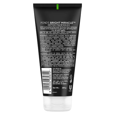 Pond's Bright Miracle Detox Facewash 10X Power Of Activated Charcoal For Deep Cleaned Skin, Reveals Glow - 200 gm