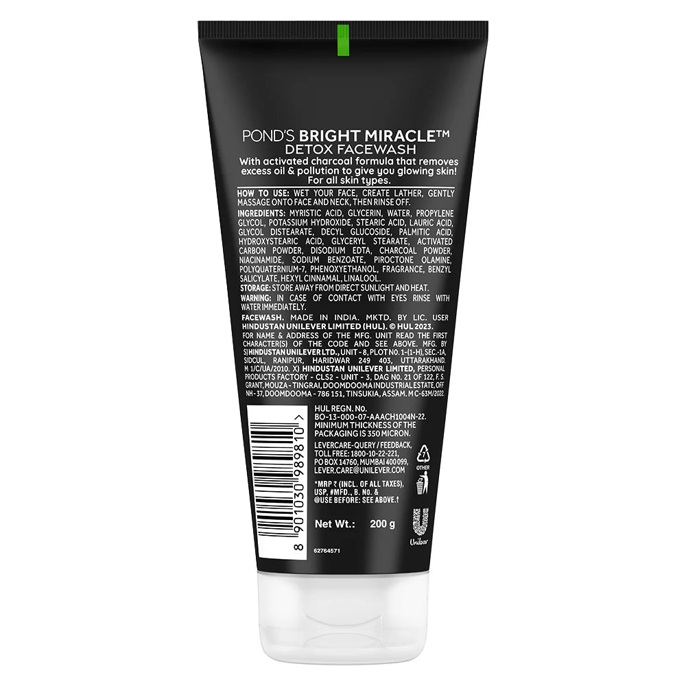 Pond's Bright Miracle Detox Facewash 10X Power Of Activated Charcoal For Deep Cleaned Skin, Reveals Glow - 200 gm