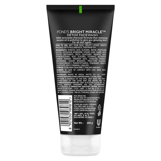 Pond's Bright Miracle Detox Facewash 10X Power Of Activated Charcoal For Deep Cleaned Skin, Reveals Glow - 200 gm