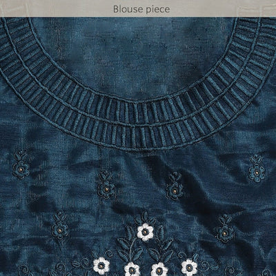 Blue Floral Embroidered Satin Saree