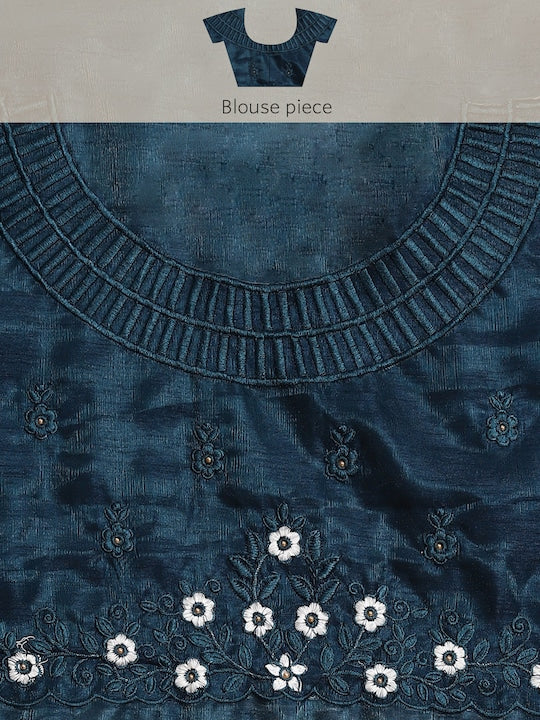 Blue Floral Embroidered Satin Saree