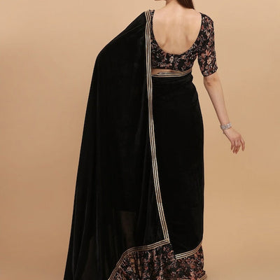 Black Floral Gotta Patti Velvet Saree
