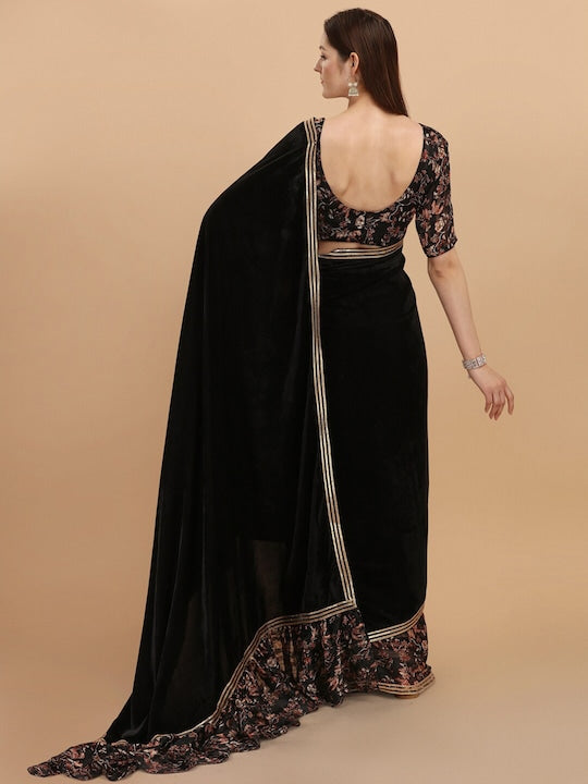 Black Floral Gotta Patti Velvet Saree