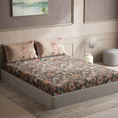 DDecor Grey & Maroon Ethnic Motifs 140 TC Cotton Queen Bedsheet with 2 Pillow Covers