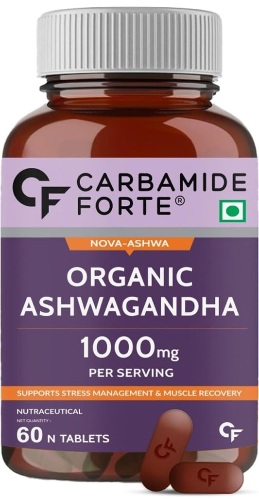 Carbamide Forte Organic Ashwagandha 1000mg Tablets | Stress & Anxiety Relief Tablets |Ashwagandha Powder tablet 1000 mg | Rejuvenates Mind & Body - 60 Organic Ashwagandha Tablets