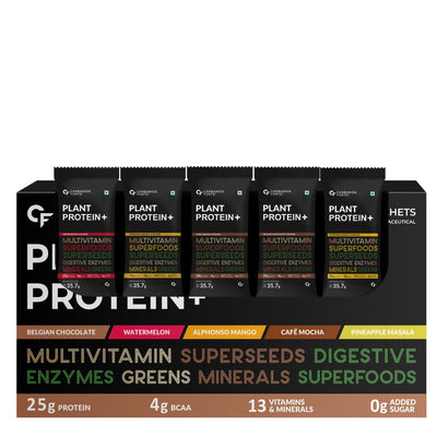 Carbamide Forte Plant Protein Powder - Plant Based Protein Powder with Multivitamin, Minerals, Superfoods, Pea Protein Powder, Digestive Enzymes | 5 Flavors Plant Protein Powder For Men - Pack Of 20
