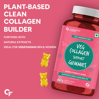 Carbamide Forte Veg Collagen Support Gummies, 60 Gummies | Collagen Supplements for Women & Men for Skin & Hair - Mango Flavour, 250 Grams, 60 Servings
