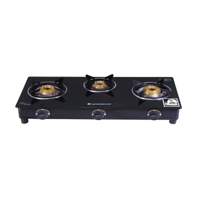 Acura 3 Burner Manual Glass Cooktop | 6mm Toughened Glass Cooktop | Stainless Steel Drip tray | Anti-Skid Legs | Large Pan support | Manual Ignition | Black steel frame | 2 Year Warranty | Black