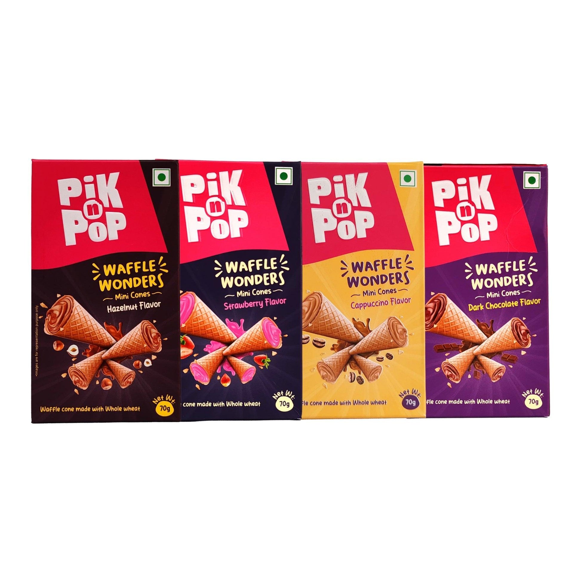 Pik n Pop Assorted Mini Waffle Cones – Pack of 4 | Hazelnut, Cappuccino, Dark Chocolate & Strawberry