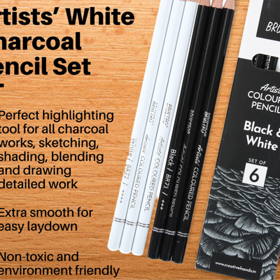 BRUSTRO Artists Coloured Pencils | Black & White | Set of 6 ( 3 Whites and 3 Blacks ) | Ideal for Students and Adults, Color, Sketching, Shading, Drawing, Blending, Mandala Art, School, Office Use